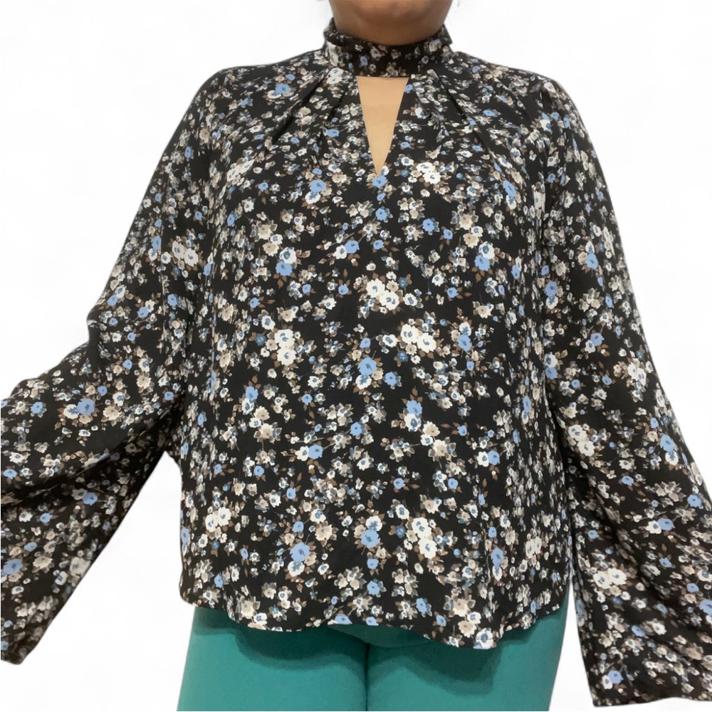 Black Floral Blouse with blue and white flowers